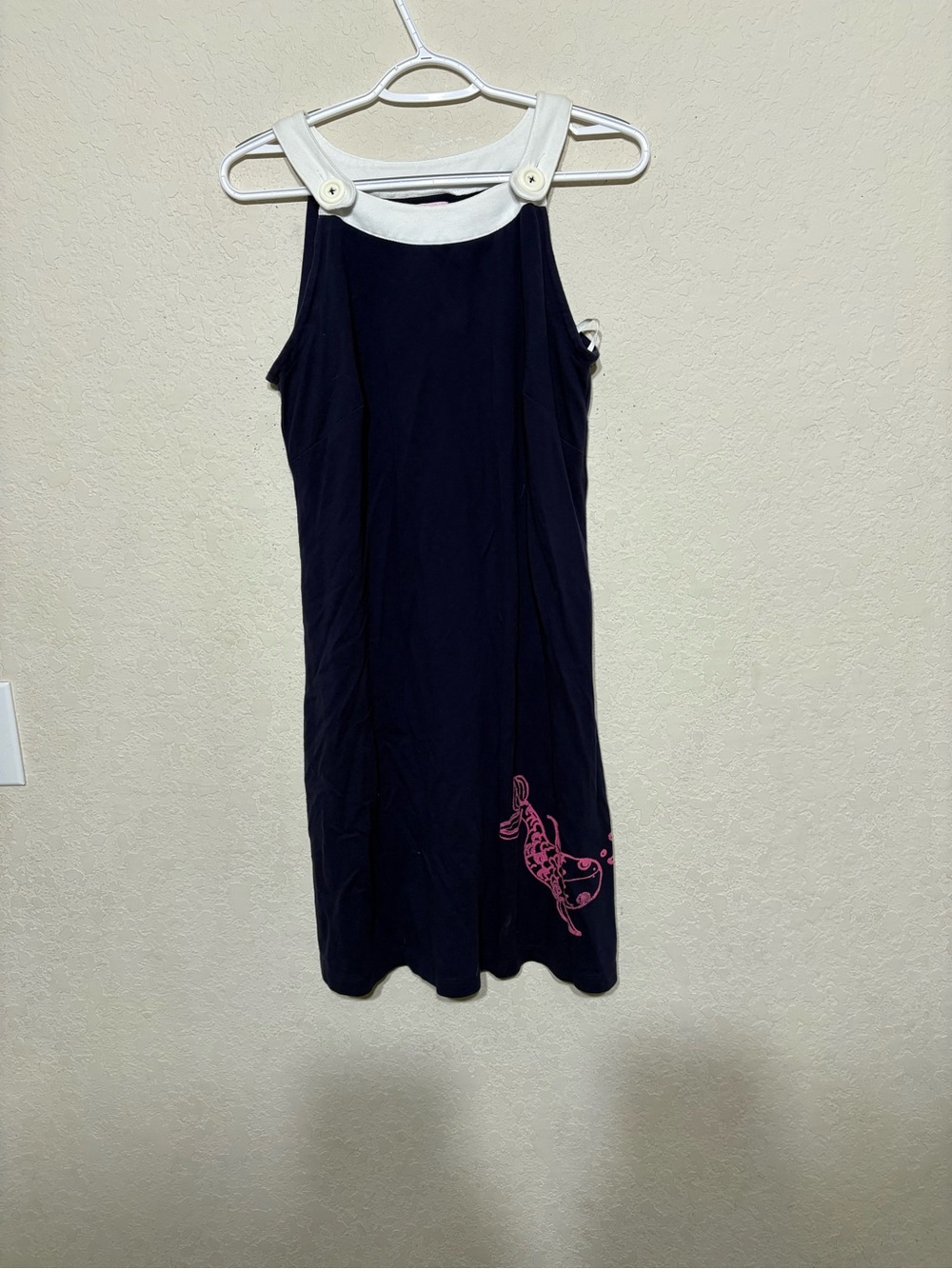 Lilly Pulitzer Navy Dress with White Trim and Pink fish